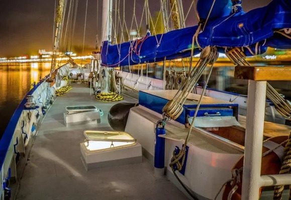 Rigging and Zodiacs on deck